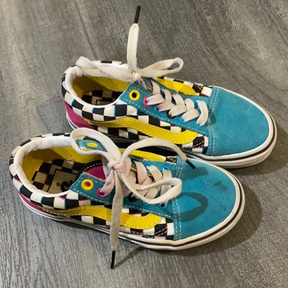 VANS Kids Checkerboard Old Skool Lace Up Sneakers Aqua Pink & Yellow - Picture 2 of 8